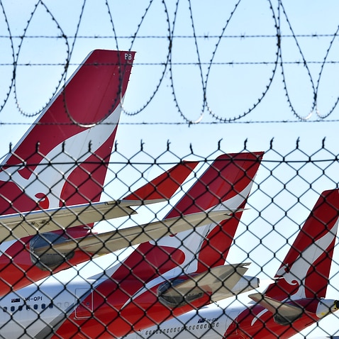 Grounded Qantas aircraft are seen parked at Brisbane Airport in Brisbane.