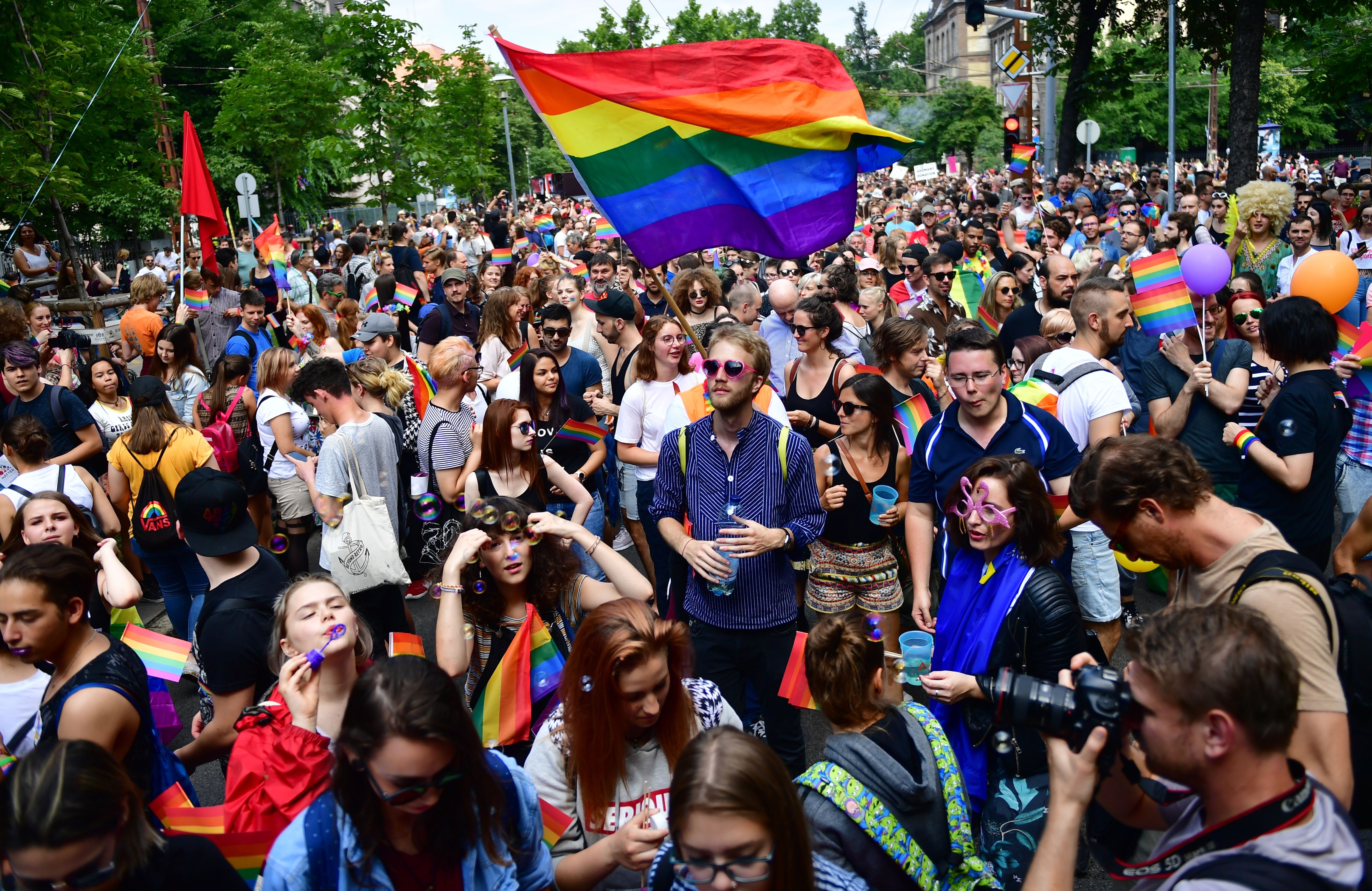 People take part at the lesbian, gay, bisexual and transgender Pride Parade in Budapest, Hungary last year.