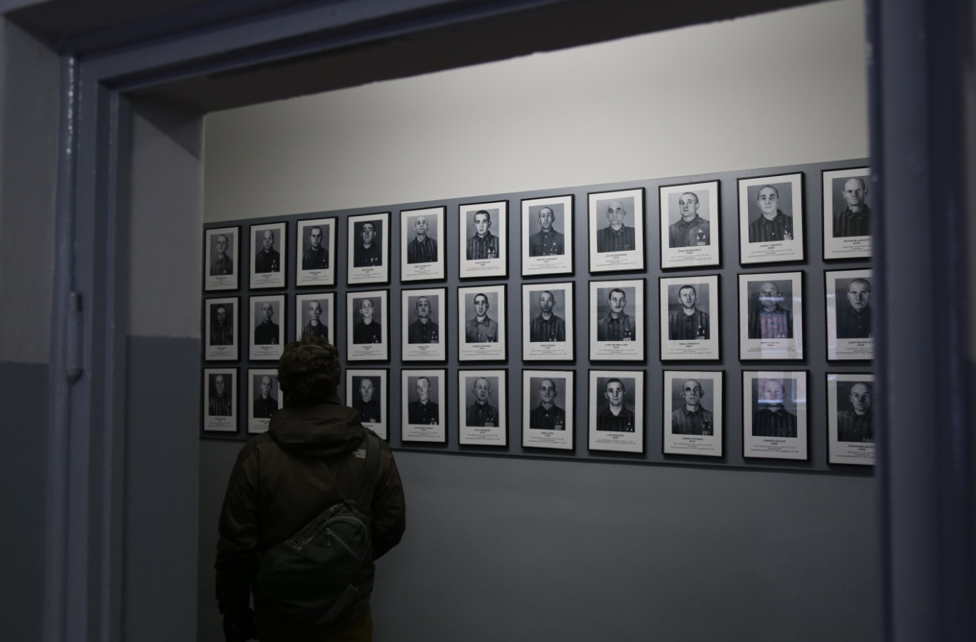 A visitor examining one of the many portraits of murdered prisoners, which line the corridor of Block Six at Auschwitz I 