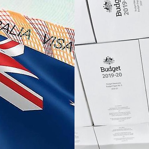 Composite image of an Australian visa label and budget 2019-20 documents