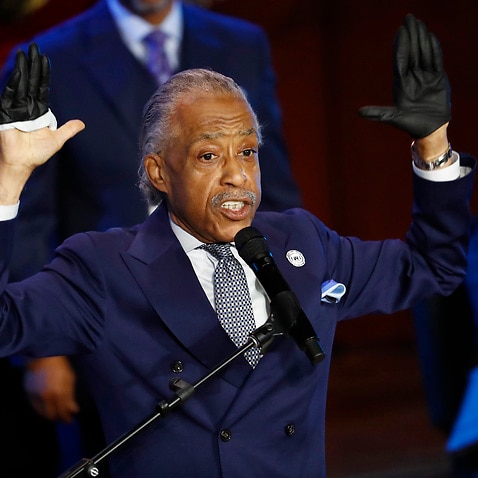 The Rev. Al Sharpton speaks at a memorial service for George Floyd at North Central University Thursday, June 4, 2020, in Minneapolis. (AP Photo/Julio Cortez)