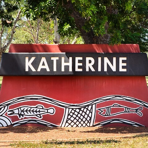 The welcome sign to Katherine, a town located southeast of Darwin, Northern Territory, Friday, April 23, 2021. 