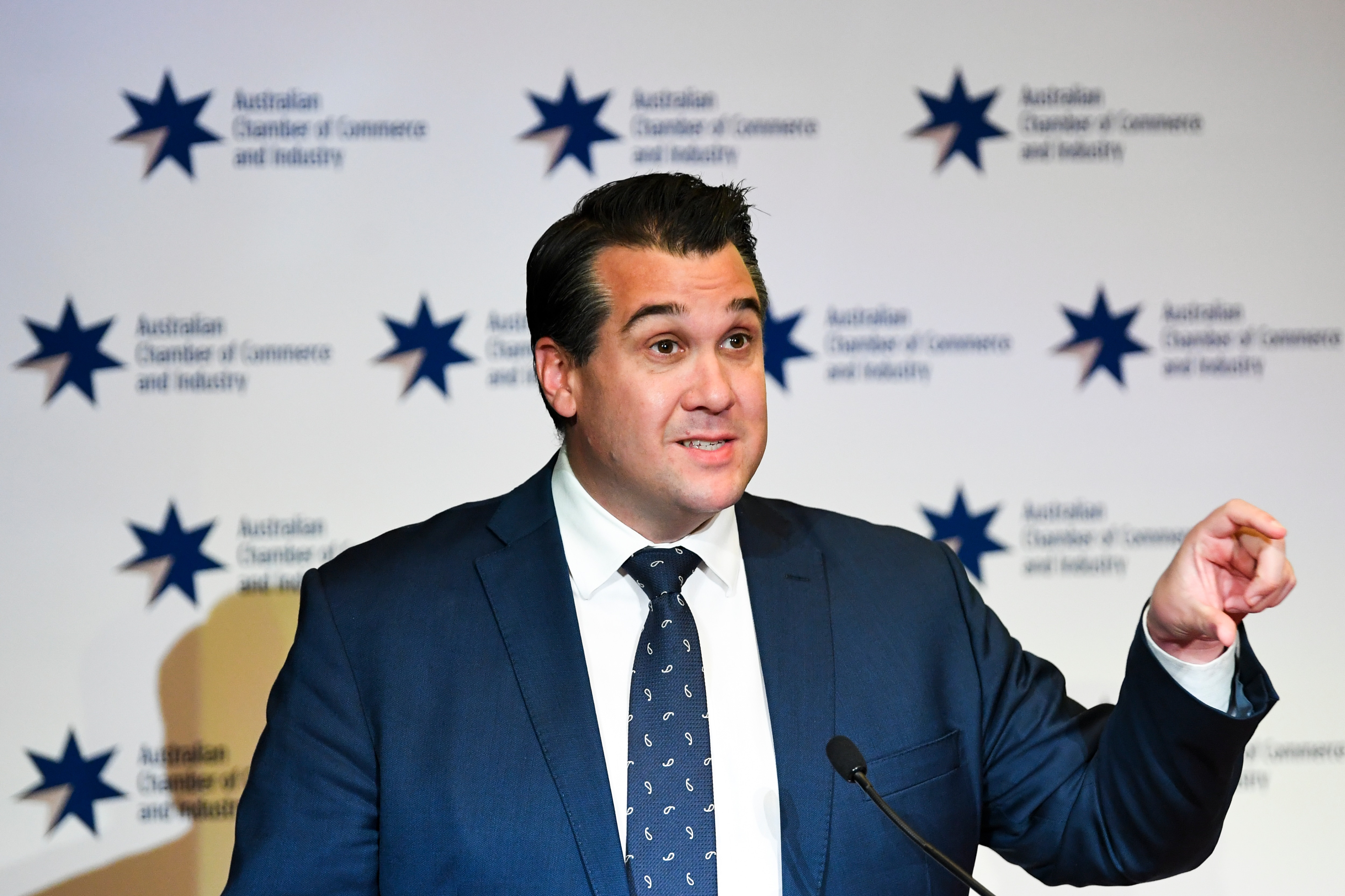 Australian Assistant Treasurer Michael Sukkar delivers a speech to the Australian Chamber of Commerce and Industry (ACCI) at Parliament House in Canberra, Wednesday, May 12, 2021. (AAP Image/Lukas Coch) NO ARCHIVING