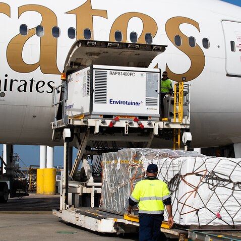 The first doses of AstraZeneca vaccines arriving in Sydney on 28 February.
