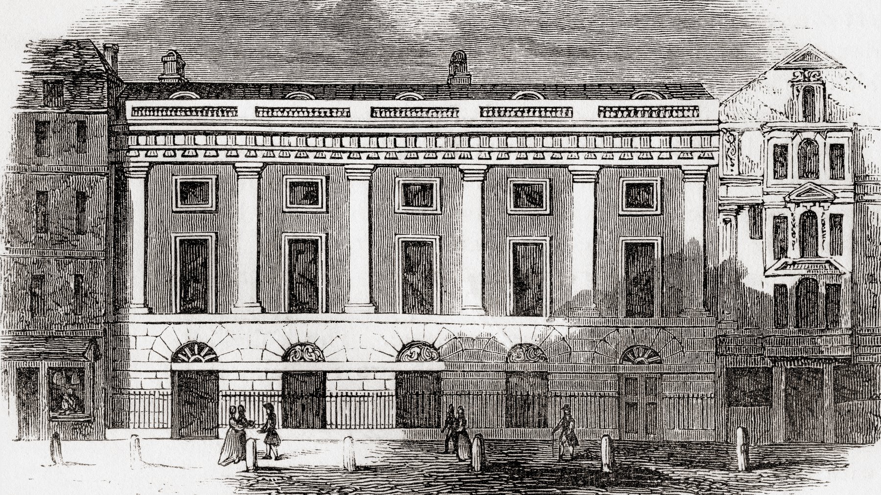 The East India House, London, England, 1726, the Leadenhall Street frontage as rebuilt by Theodore Jacobsen in 1726-9.  From Old England: A Pictorial Museum, published 1847.(Photo by: Universal History Archive/Universal Images Group via Getty Images)