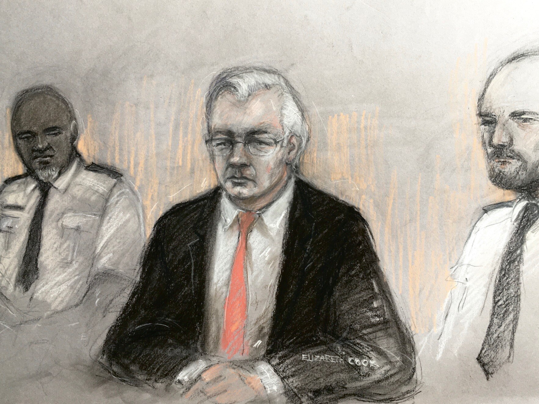 A court artist sketch of Julian Assange appearing at the Old Bailey, London.