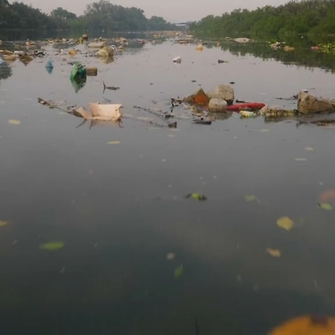 Plastic waste in a river in Malaysia