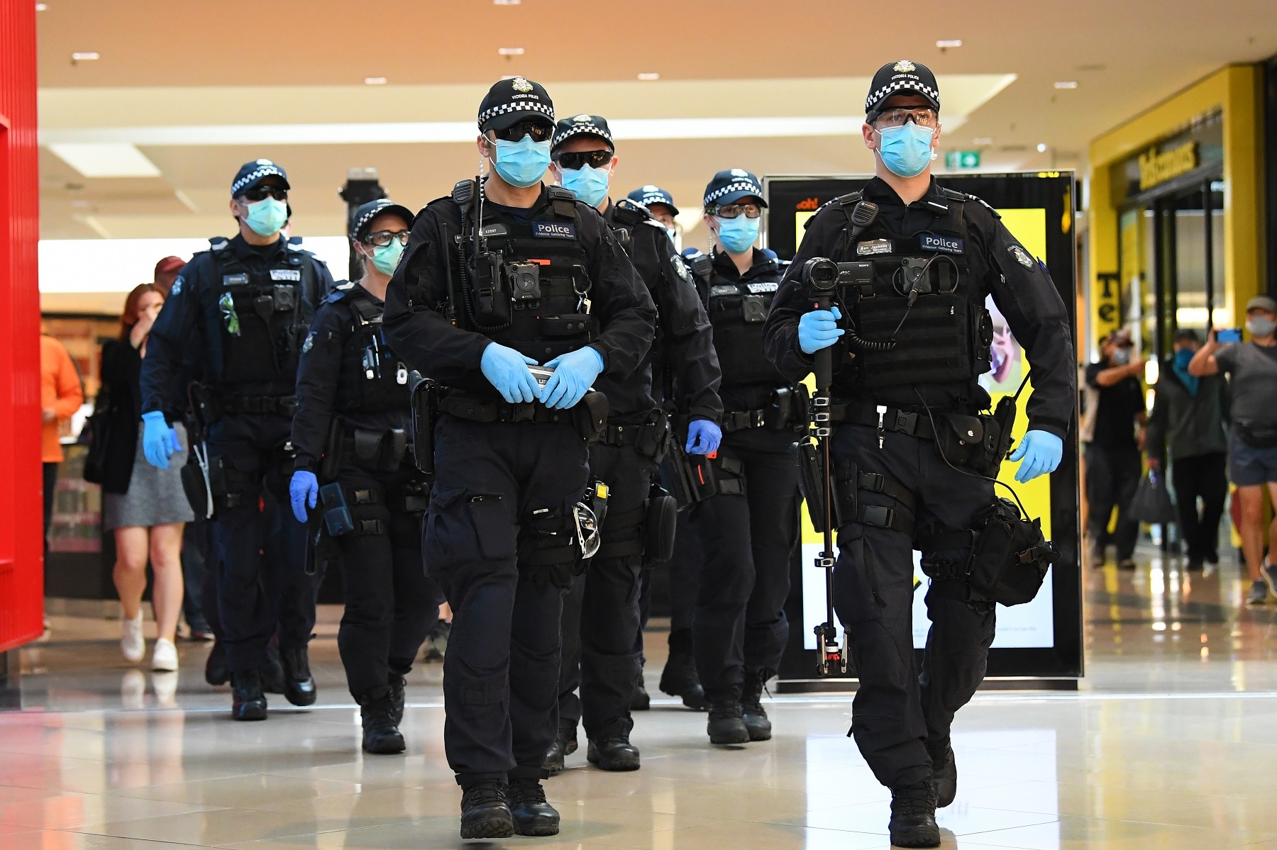 Victoria Police patrol Chadstone Shopping Centre following an anti-lockdown protest in Melbourne.