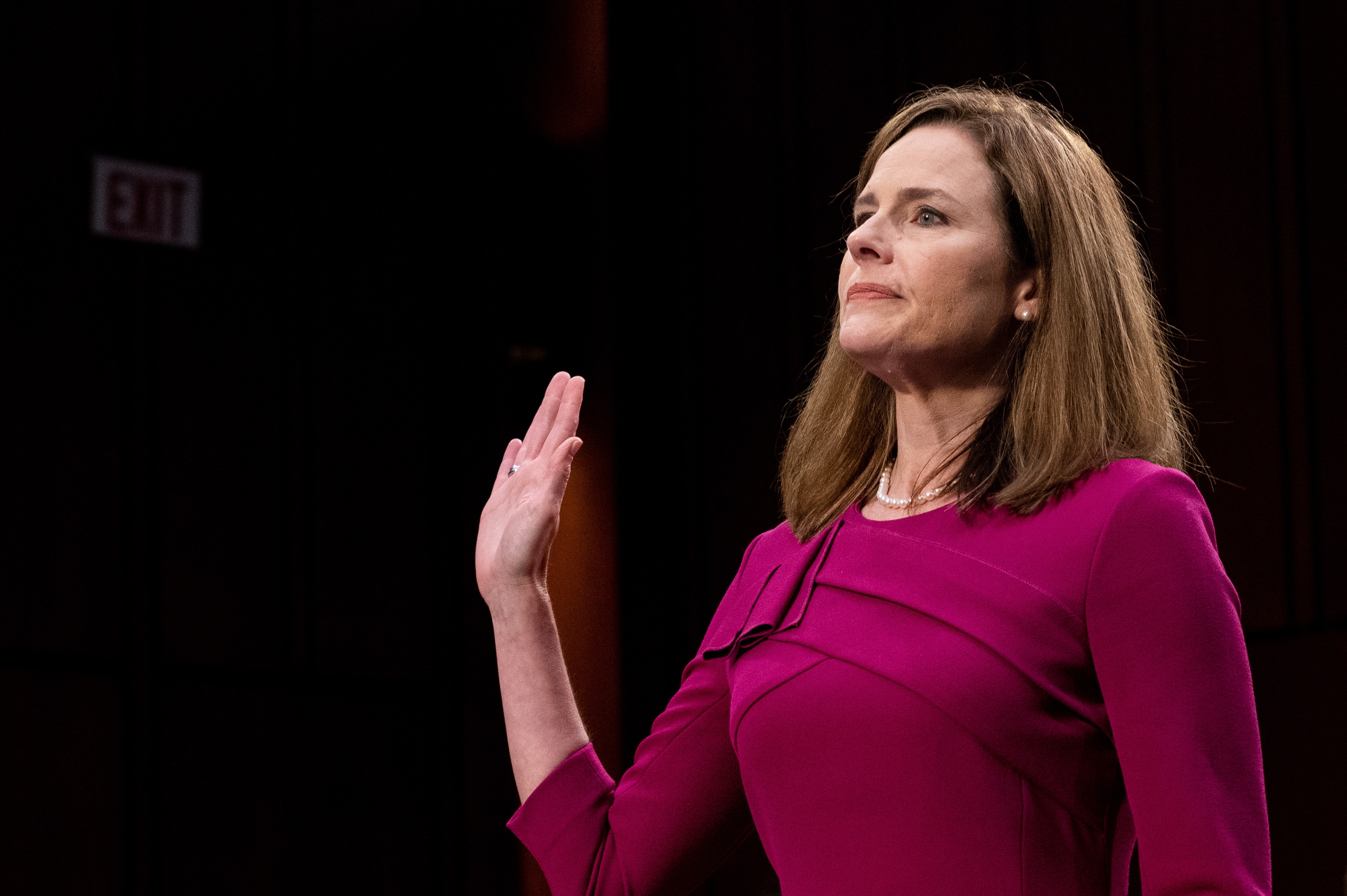 Judge Amy Coney Barrett, is sworn in during the first day of her Senate confirmation hearing to the Supreme Court. Judge Amy Coney Barrett, is sworn in during the first day of her Senate confirmation hearing to the Supreme Court on Capitol Hill in Washington, DC, USA, 12 October 2020.