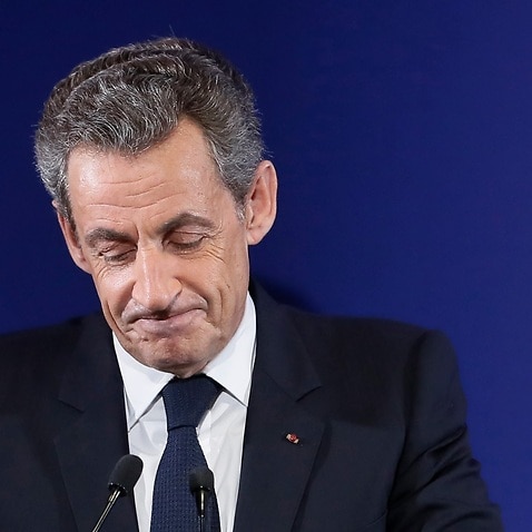 Former French President Nicolas Sarkozy delivers a speech after being defeated on the first round of the French right wing party