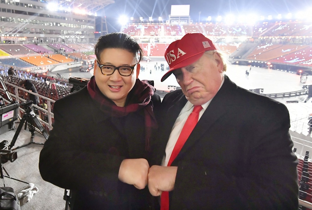 Men impersonating President Donald Trump and the North Korean leader Kim Jong-un  at the opening ceremony of the Pyeongchang Winter Olympics.