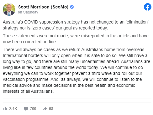 In a Facebook post, Mr Morrison clarified the country's borders would only open when it is "safe to do so"