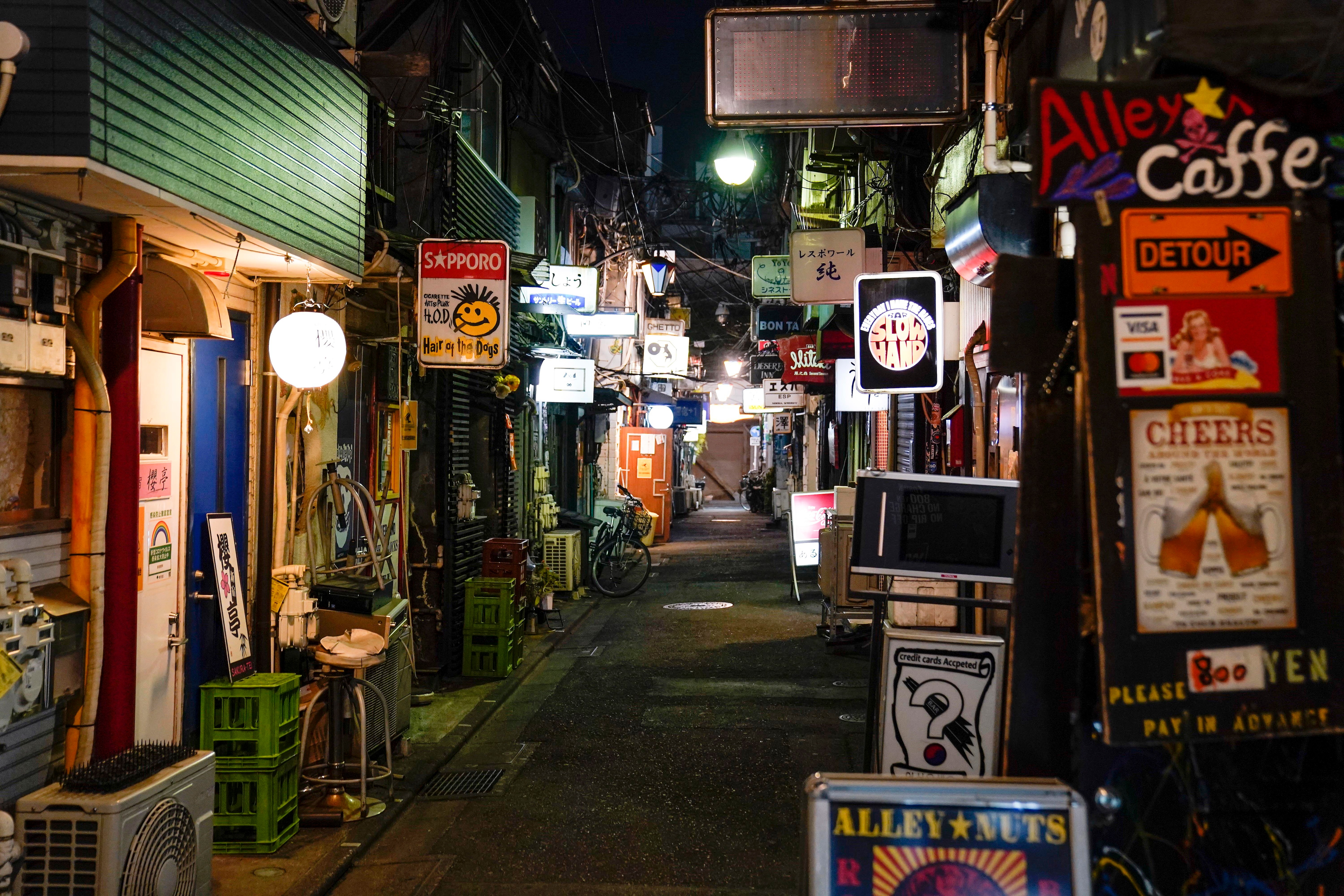 A a deserted Shinjuku Golden Gai street in Tokyo, Japan.