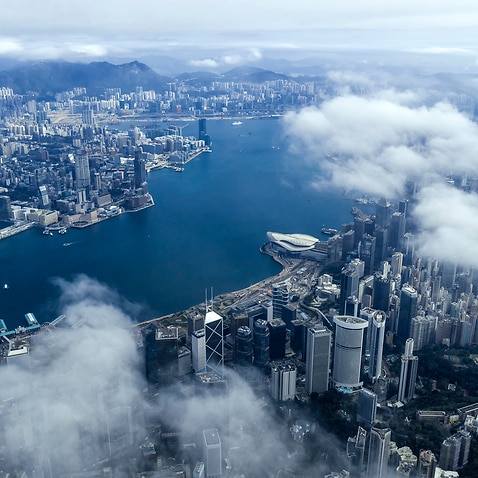 High altitude view of Victoria Harbour, Hong Kong