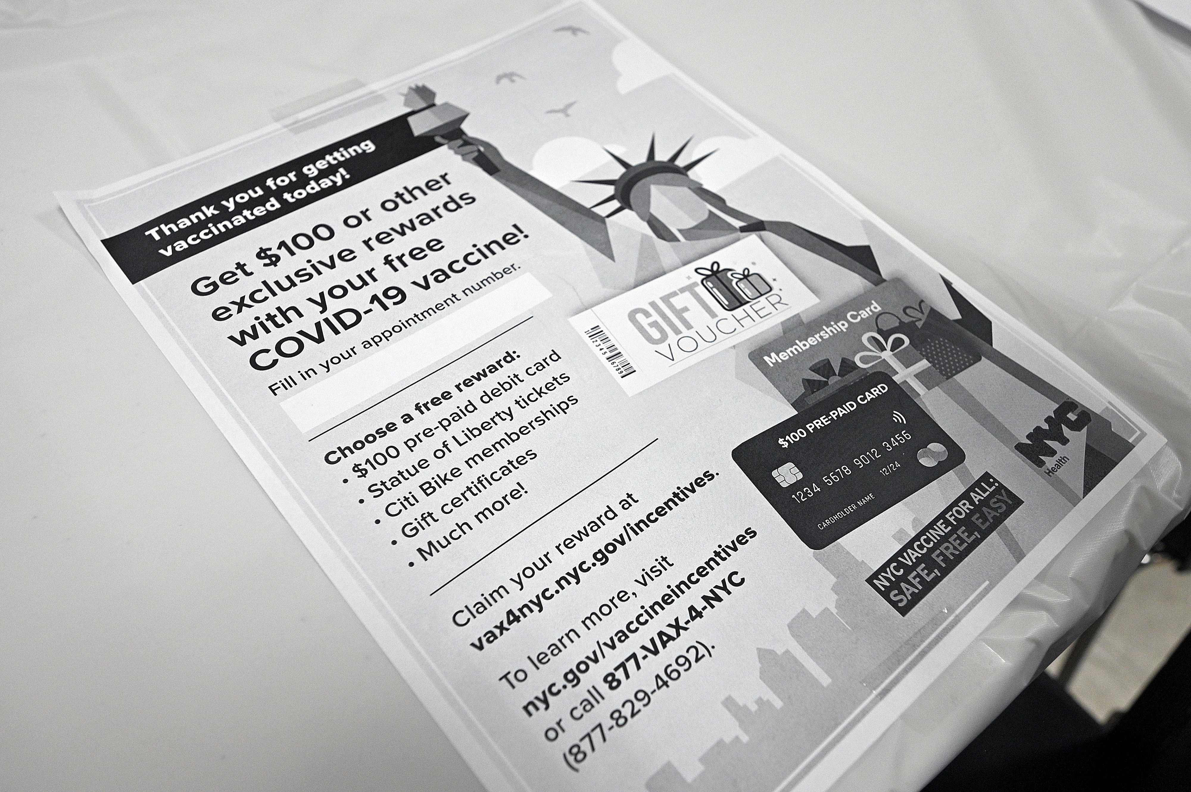 A flyer announcing New York City's $100 gift voucher for any resident getting a COVID-19 vaccine.