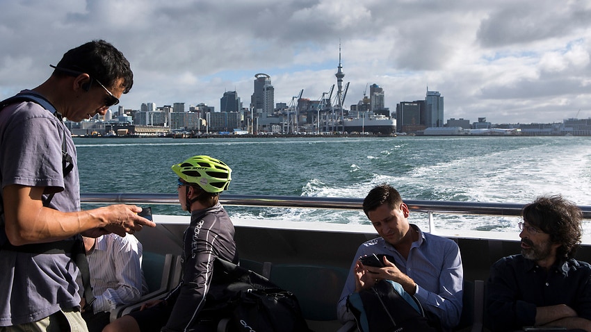 A view of downtown Auckland from aboard the Devonport ferry in New Zealand.