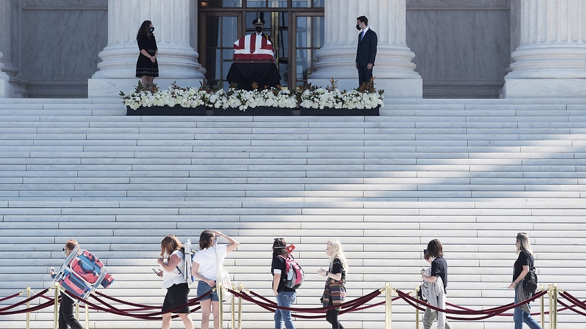 Mourners pay honour for Supreme Court Justice Ruth Bader Ginsburg who lies on the steps of the US Supreme Court.