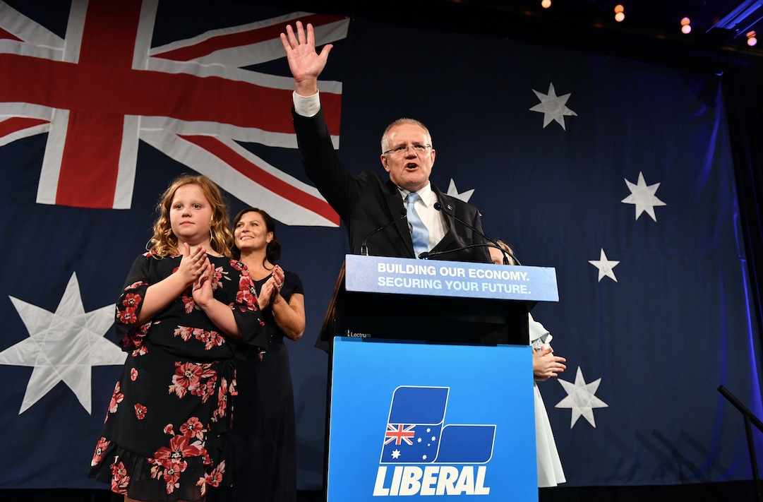 Prime Minister Scott Morrison on election night in 2019 at the Wentworth Sofitel Hotel in Sydney.