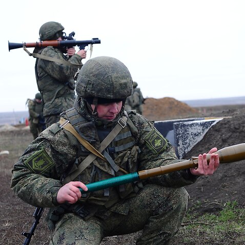 Russian troops take part in drills in the Rostov region near Russia's border with Ukraine in December, 2021.