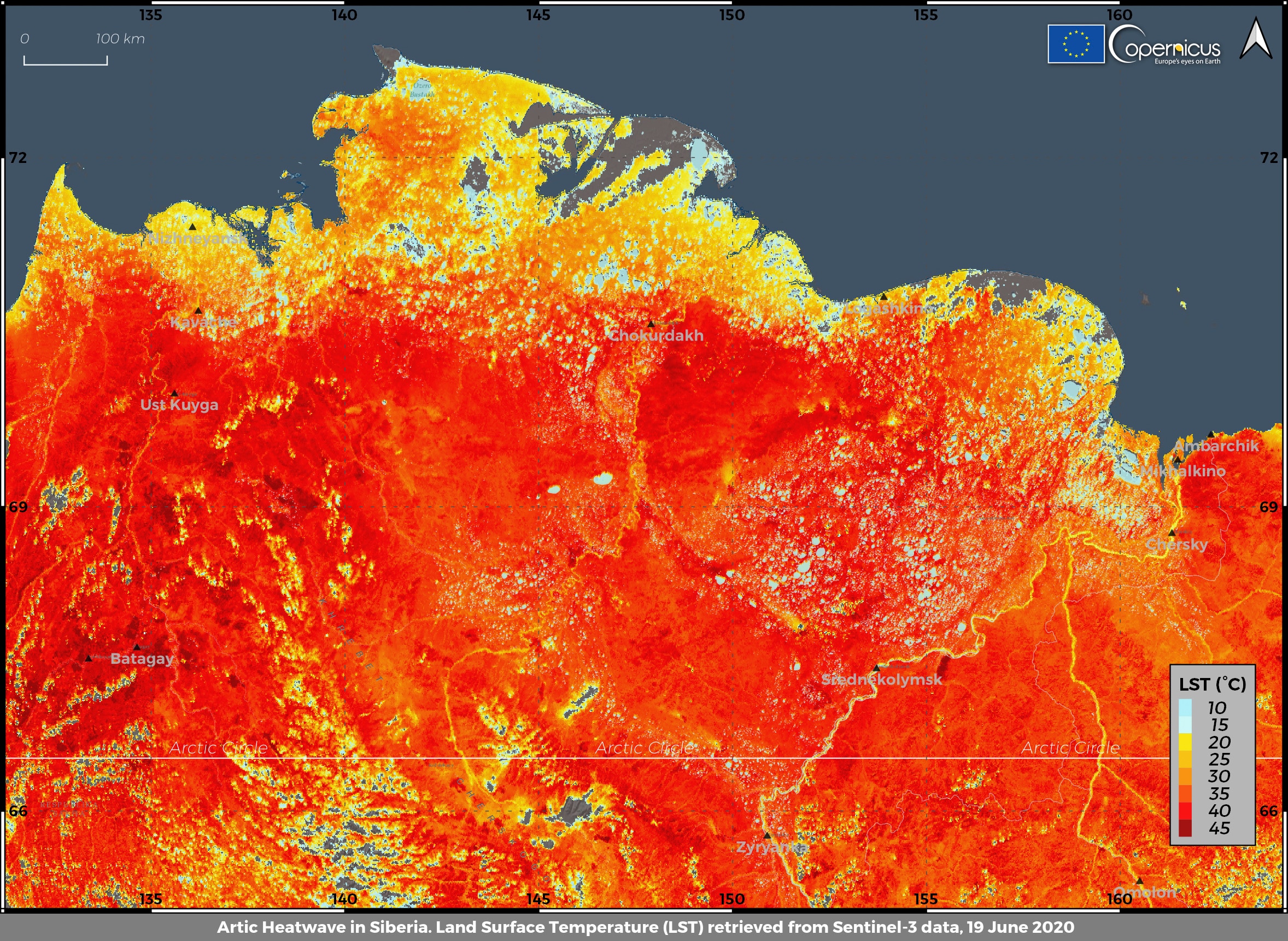 The Land Surface Temperature in Siberia on 23 June 2020. The Land Surface Temperature in Siberia on 23 June 2020.