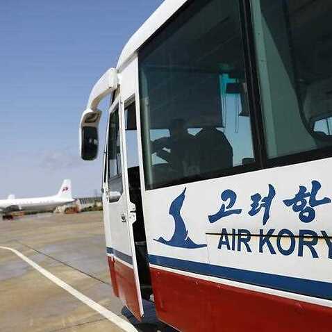 An Air Koryo bus waits on the airport tarmac in Pyongyang, North Korea, 18 April 2017 
