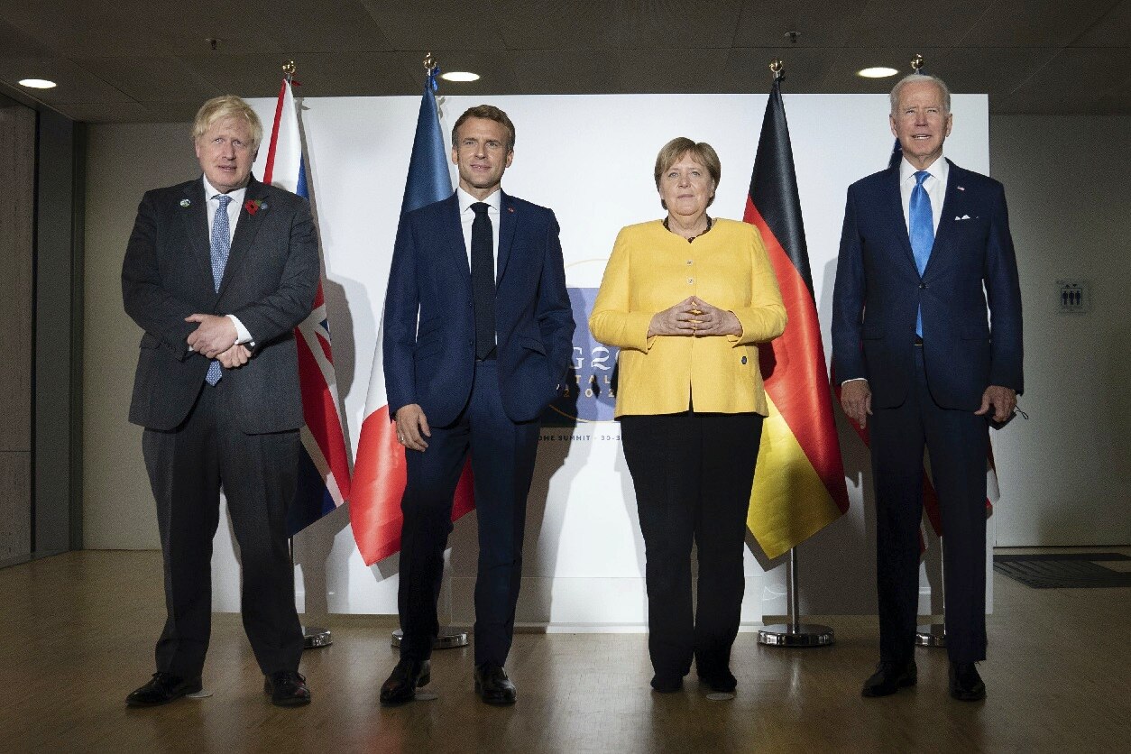 British Prime Minister Boris Johnson, French President Emmanuel Macron, German Chancellor Angela Merkel and US President Joe Biden at the G20 summit.