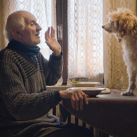 An elderly man looks at his dog who's sitting on the table