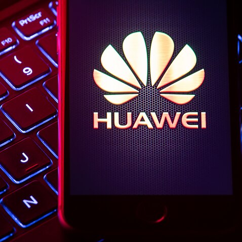 The Huawei logo on a smartphone screen 