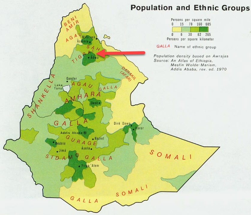 Una mappa 'etnica' dell'Etiopia. La freccia indica il Tigray, la regione (un tempo occupata dagli italiani) controllata dal Fronte Popolare di Liberazione