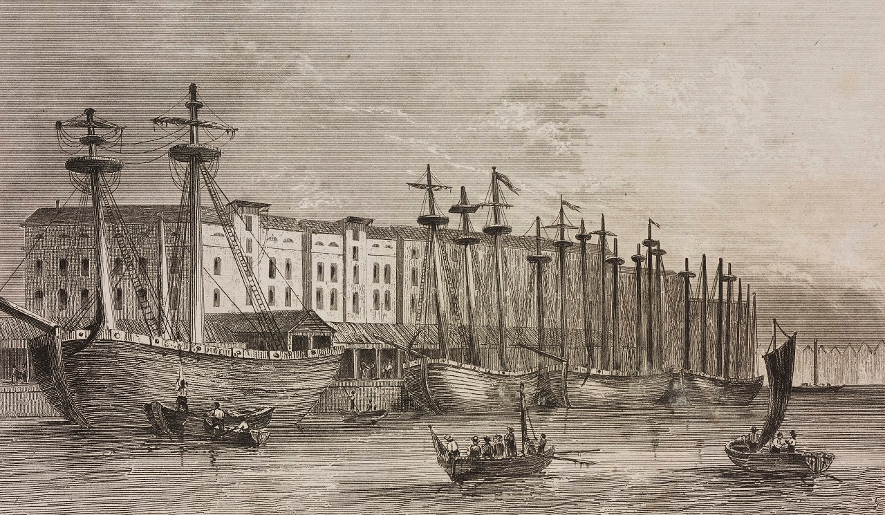 The East India Company docks on the Thames river, London, England.