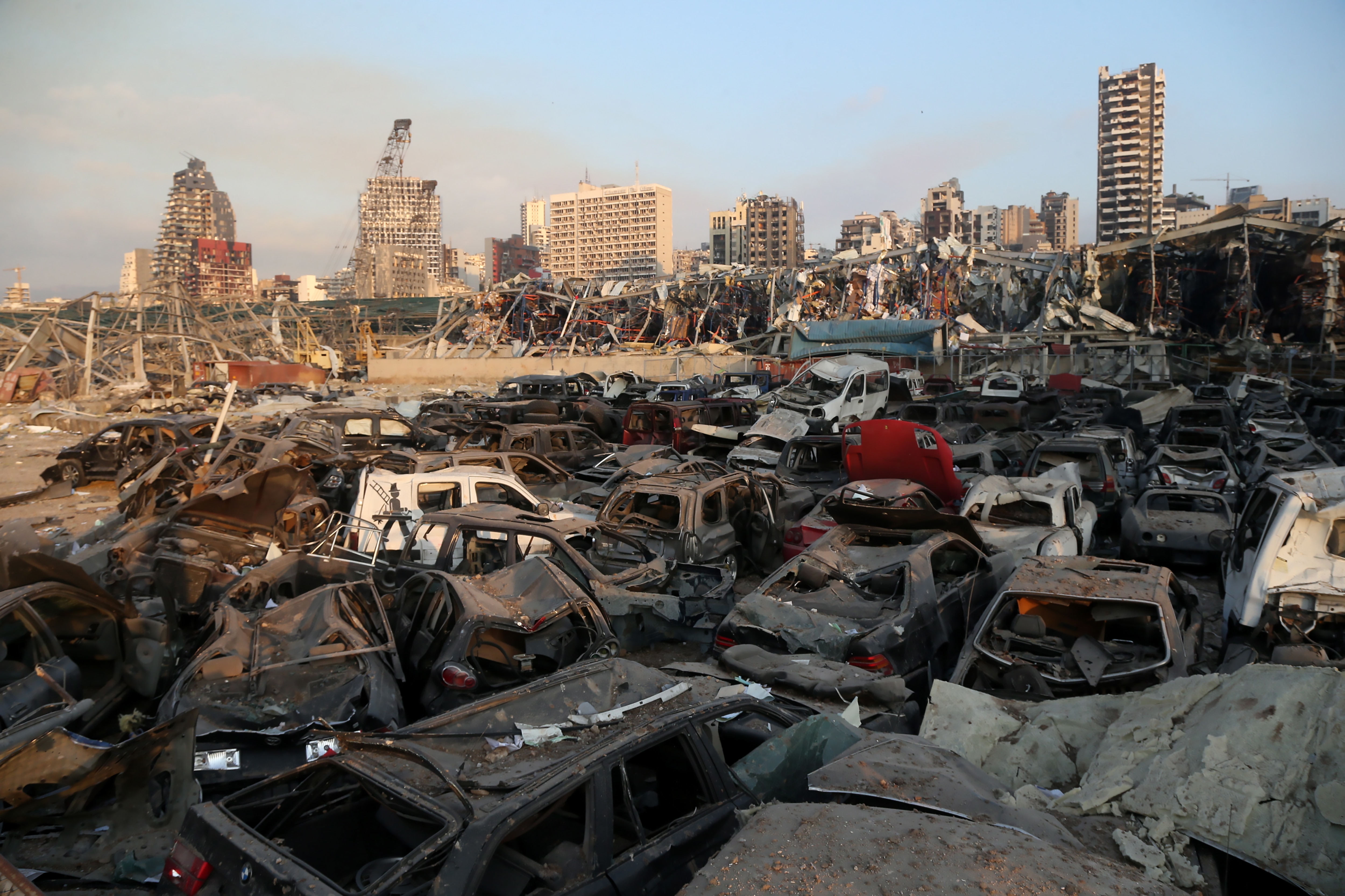Destroyed vehicles following an explosion at the Beirut Port, Lebanon.