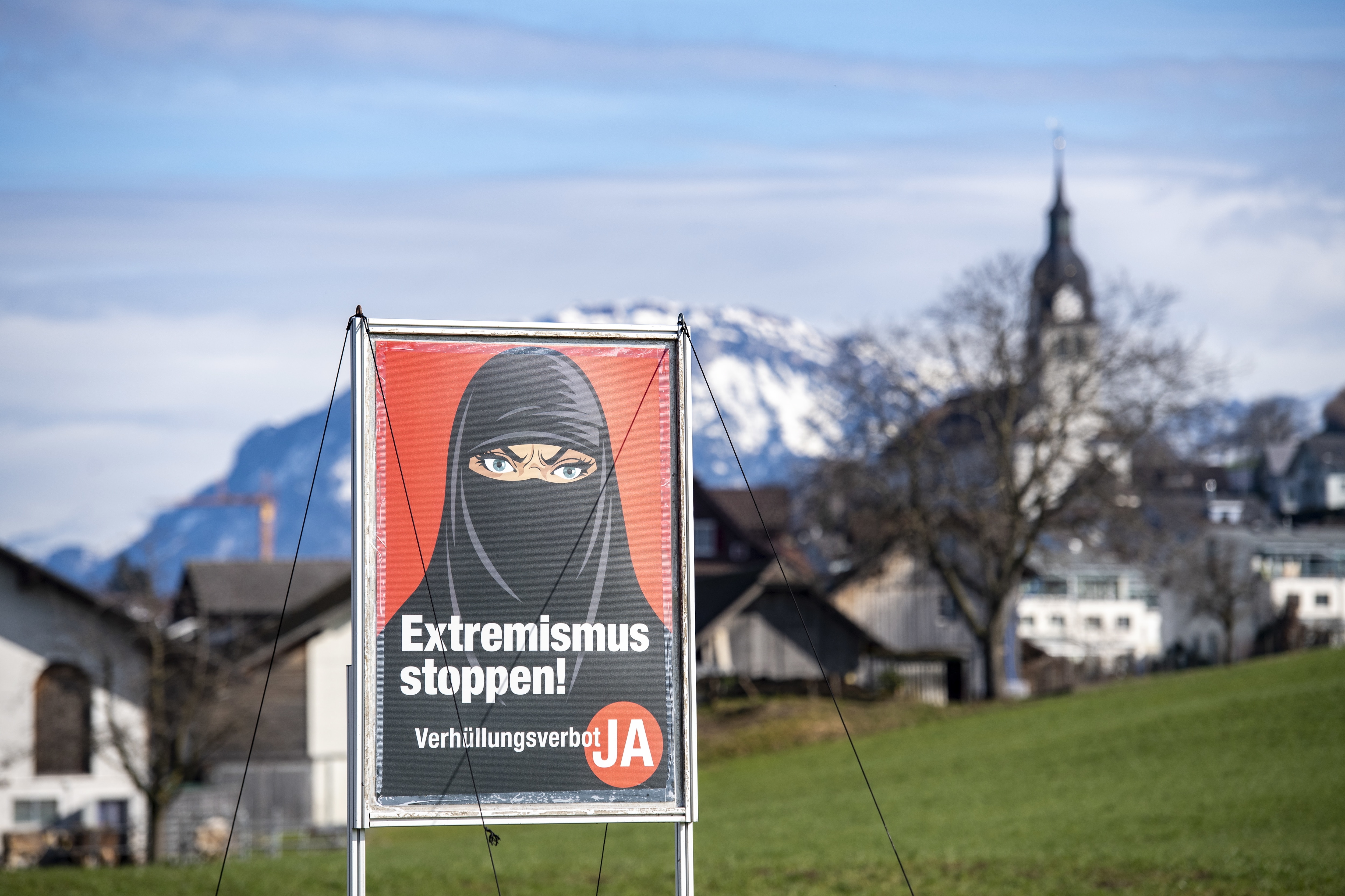 A poster of the initiative 'Yes to the burqa-ban' is seen in Oberdorf, in the canton of Nidwalden, Switzerland.