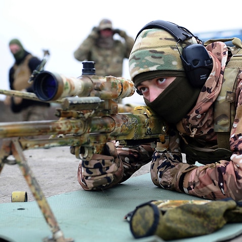 A Russian serviceman takes part in drills in the Rostov region near Russia's border with Ukraine in December, 2021.