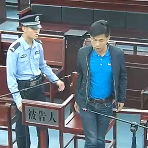 Wang Liqiang and screenshot from court video