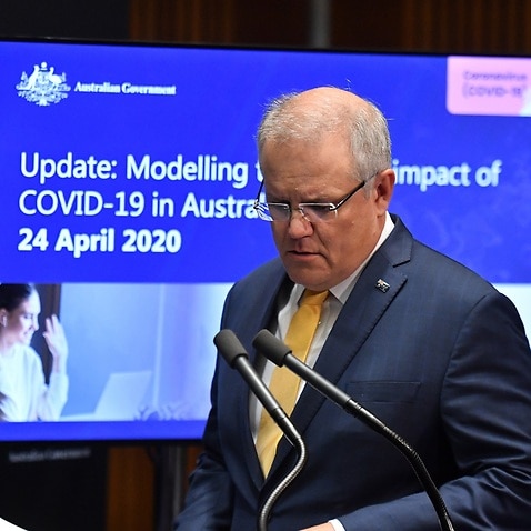 Prime Minister Scott Morrison arrives to give a coronavirus update at a press conference at Parliament House in Canberra, Friday, April 24, 2020. (AAP Image/Mick Tsikas) NO ARCHIVING