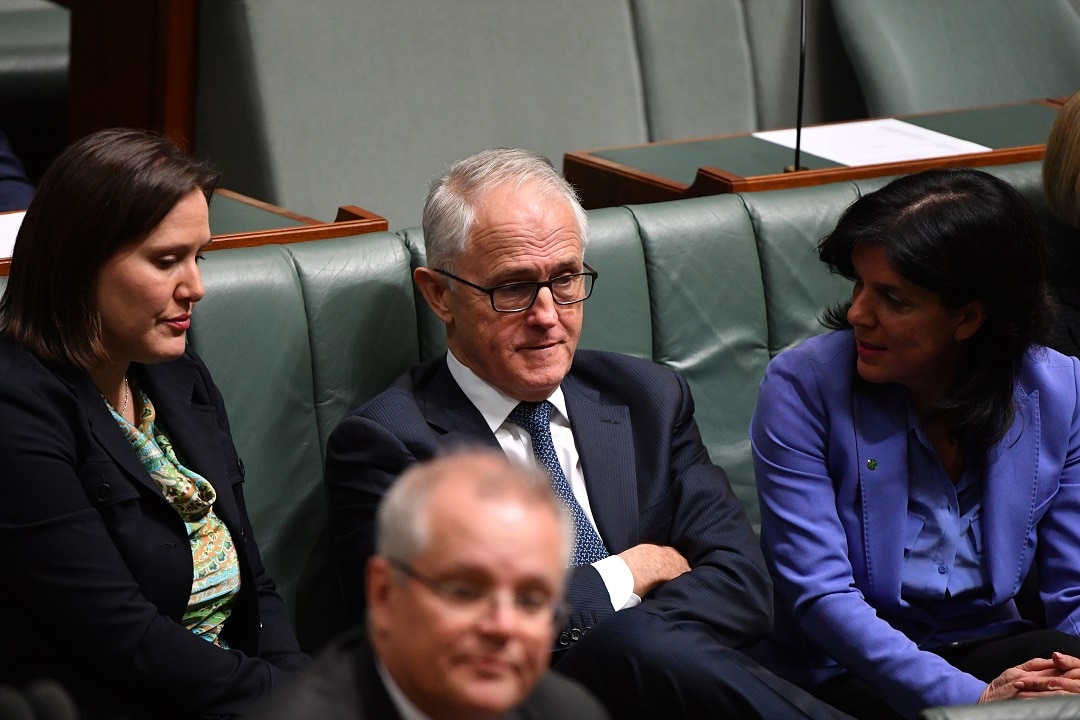 Kelly O'Dwyer, Malcolm Turnbull and Julia Banks at Parliament House.