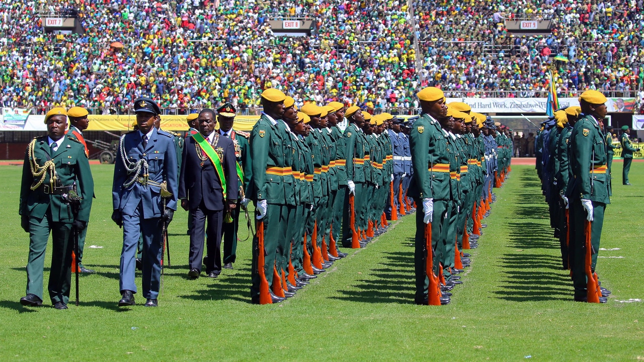 Zimbabwe's new President Emmerson Mnangagwa (3-L) walks behind a guard of honour.