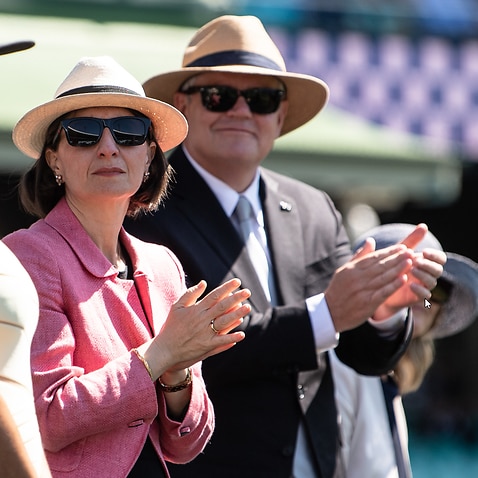 Gladys Berejiklian and Scott Morrison at the Classes of 2020 Attestation Parade, at the Sydney Cricket Ground in 2020.