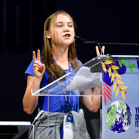 MILAN, ITALY - September 28, 2021: Greta Thunberg gestures during opening plenary session of the Youth4Climate pre-COP26 event. (Photo by Nicol Campo/Sipa USA)