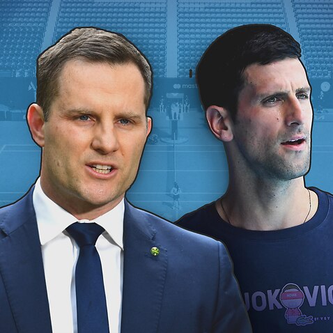 Immigration Minister Alex Hawke (L) and tennis player Novak Djokovic (R).