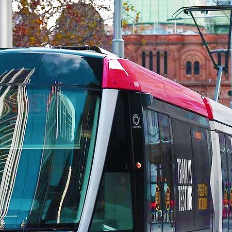 Image of a red Sydney light rail vehicle against the city's backdrop.