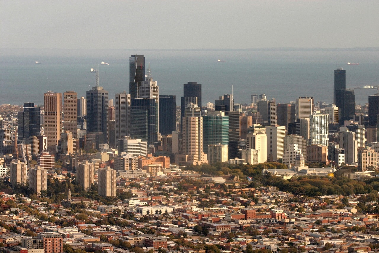 Aerial stock photo of Melbourne's central business district.