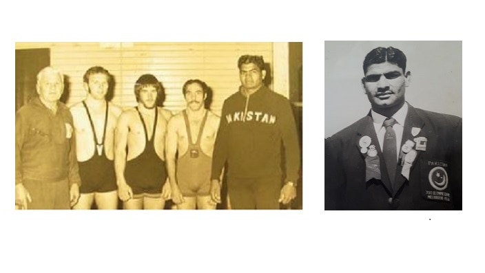 (Left) Chaudhry Ashraf with the Australian wrestling team; (right) representing Pakistan in 1956 Melbourne Olympics.