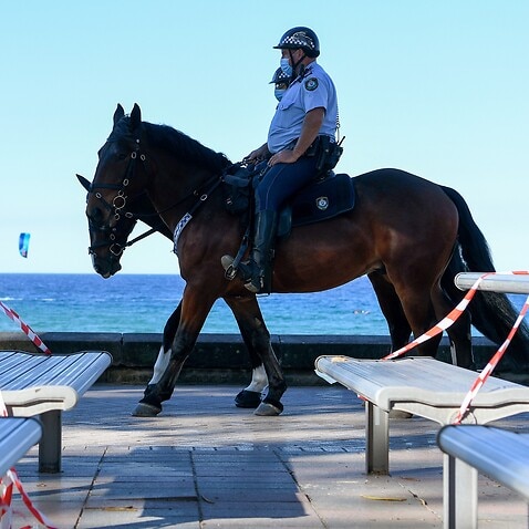NSW Mounted Police officers patrol the esplanade at Manly Beach in Sydney, Sunday, August 22, 2021. All of NSW is under strict lockdown after a record number of COVID-19 cases that have authorities concerned for the healthcare system. 