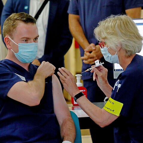 Nurse manager Bradley McEntee was the third person in NSW to receive the Pfizer vaccination at the Royal Prince Alfred Hospital on Monday, 22 February, 2021.