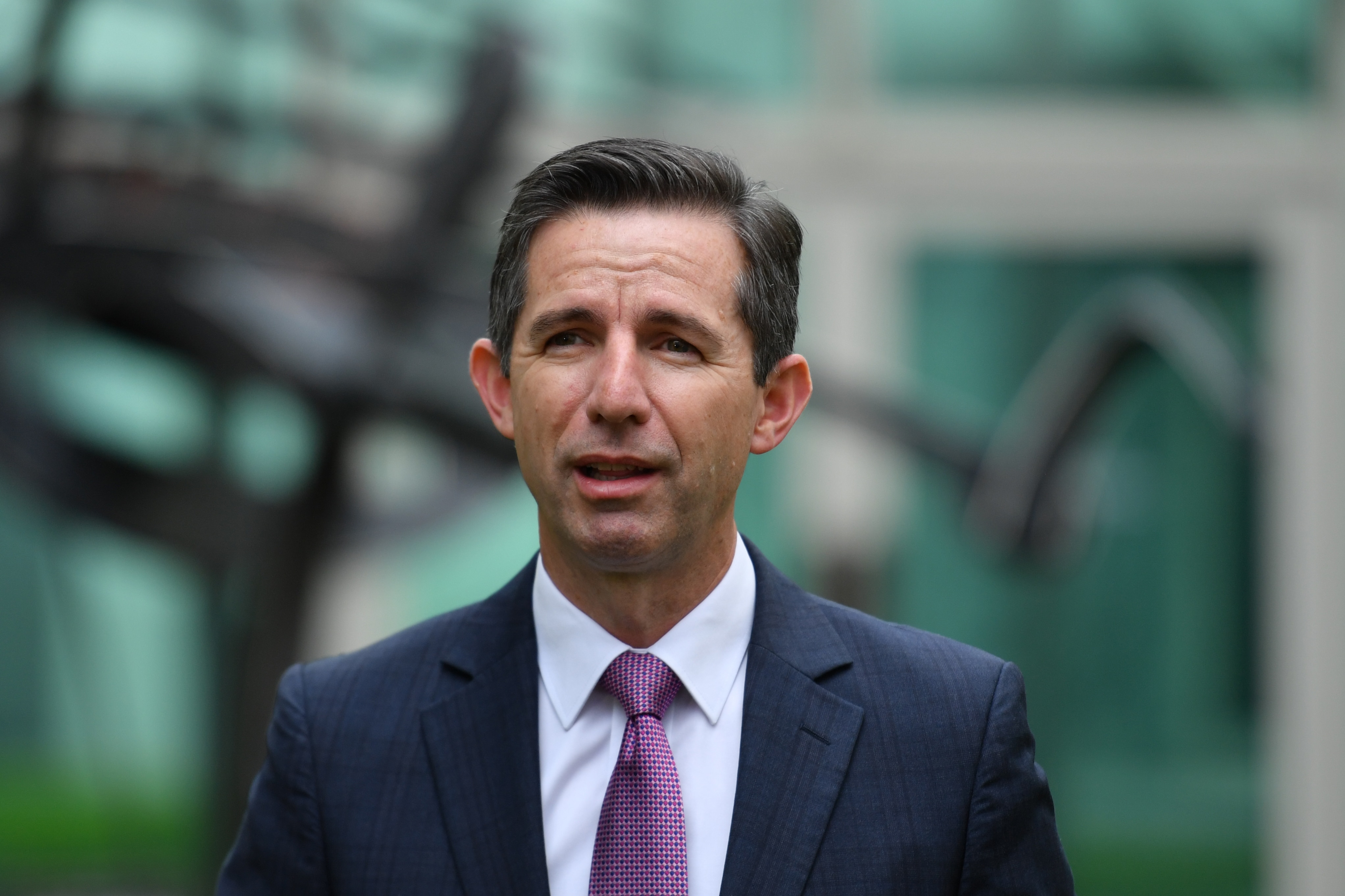 Minister for Finance Simon Birmingham at a press conference at Parliament House in Canberra.