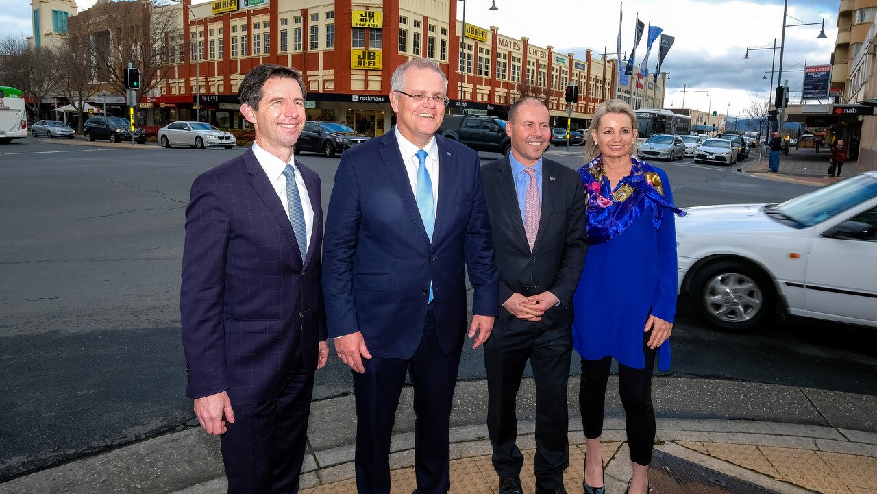 Australian Prime Minister Scott Morrison with Treasurer Josh Frydenberg and ministers Simon Birmingham and Sussan Ley.