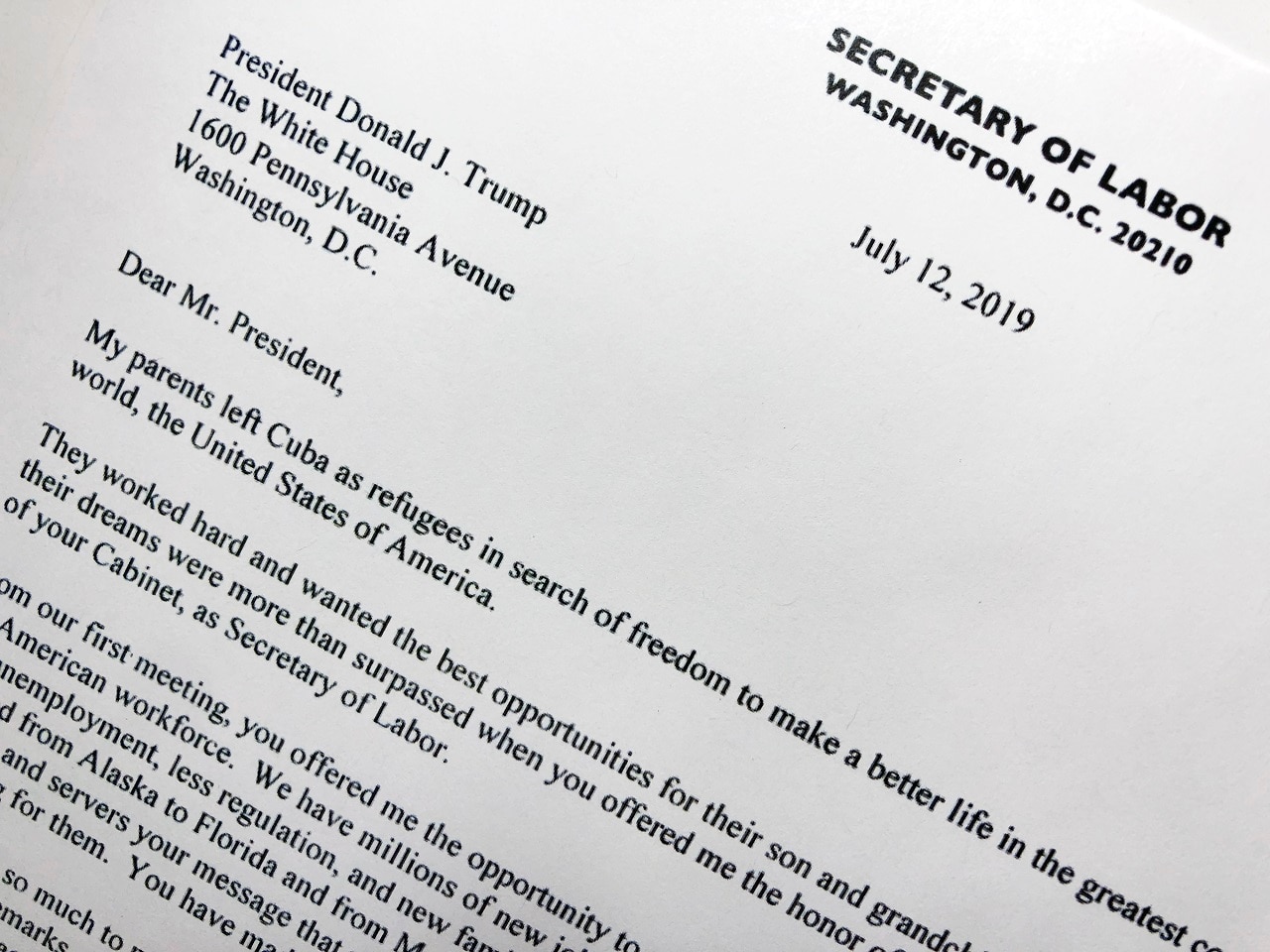 Part of the resignation letter from Labor Secretary Alex Acosta to President Donald Trump is photographed in Washington, Friday, July 12, 2019. 