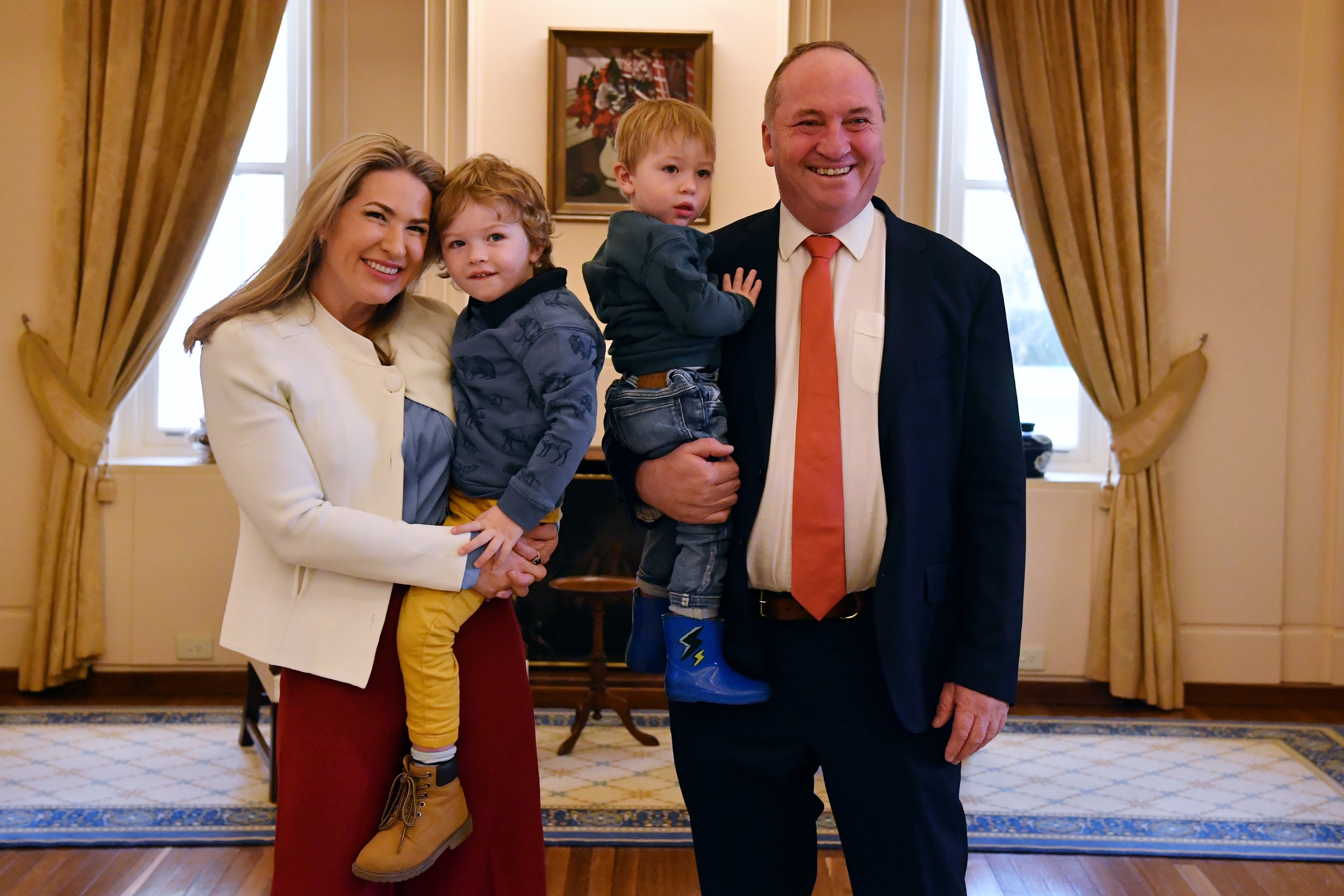 Re-elected Leader of the Nationals Barnaby Joyce poses for a photograph with partner Vikki Campion and sons Sebastian and Thomas.