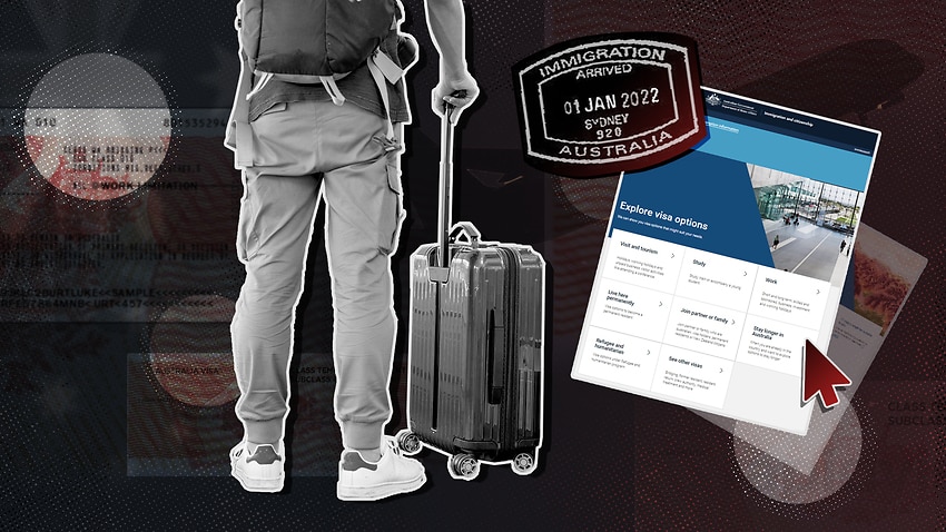 Artwork of man with suitcase and immigration stamp